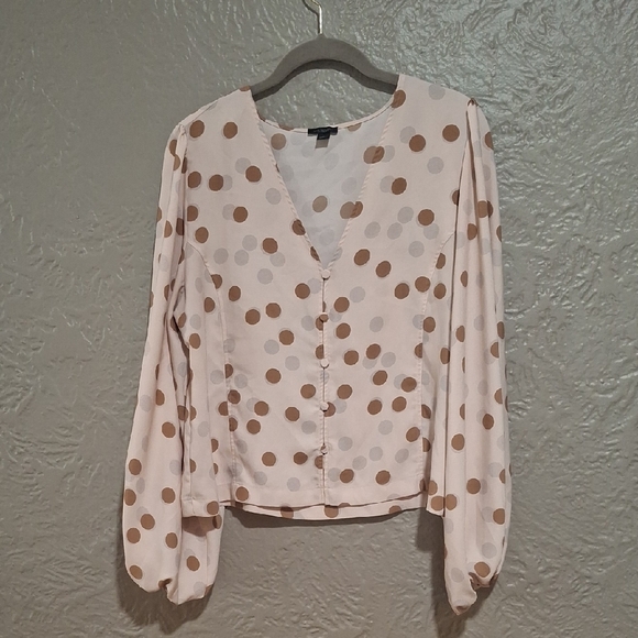 Wome's Ann Taylor Cream and Brown Polka Dot Blouse Size L - Picture 1 of 10